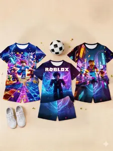 Boys' 3D Neon City Roblox Short Sleeve Set, Virtual World Scene Casual Two-Piece, Clothing Sets, Perfect for Parties, Festive Gifts, Birthday Presents