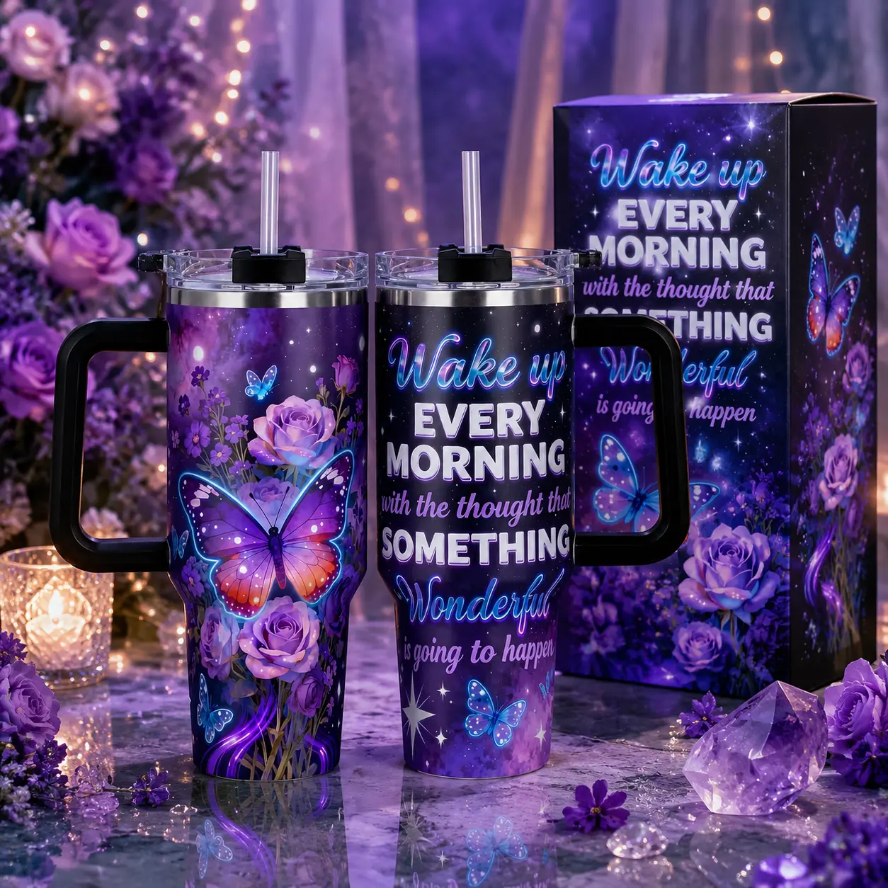1pc Stainless Steel Cup, Tumbler Reusable Cup, Insulated Water Cup, Insulated Drinkware, 40oz Vacuum Insulated Tumbler, With Butterfly and Rose Double-layer insulation Leakproof Large Capacity, Ideal for Gym, Hiking, Travel, Birthday, Christmas