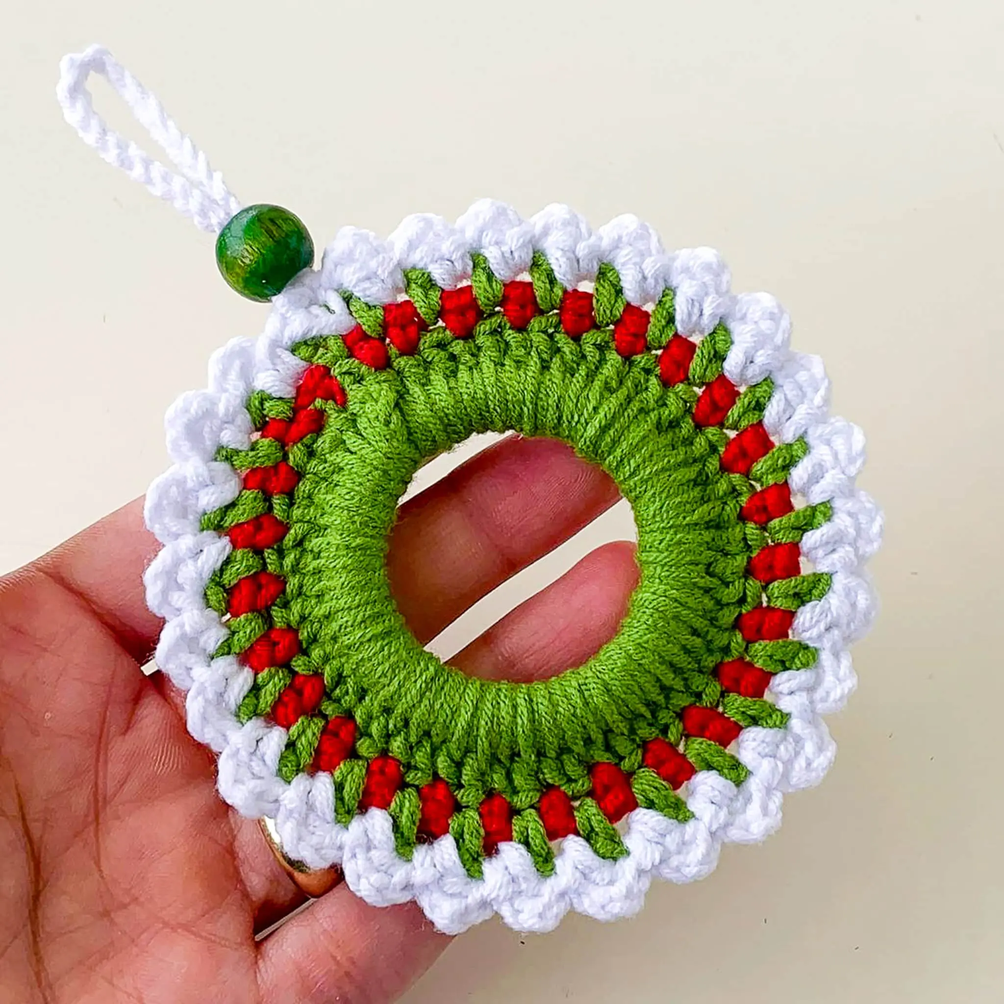 Handmade Crochet Christmas Wreath Ornament – Holiday Yarn Decor with Bead – Tree Hanging Gift Tag