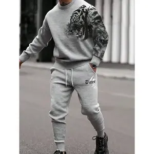 Men's New Fall Winter Round Neck Tiger Print Knit Sweatshirt Pants Set, Fashion Streetwear, Warm Fitted Long Sleeve