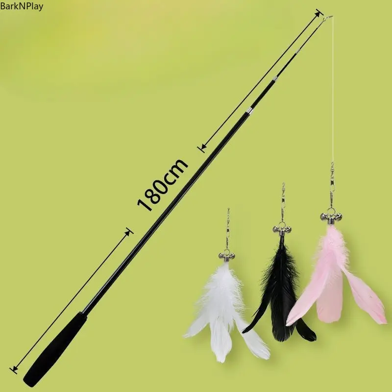 Retractable Plastic-Silicone Cat Teaser Wand Toy, 70.9in Long-Reach Indoor Toy with Replaceable Feather Heads, Interactive No-Batteries-Required Cat Accessory