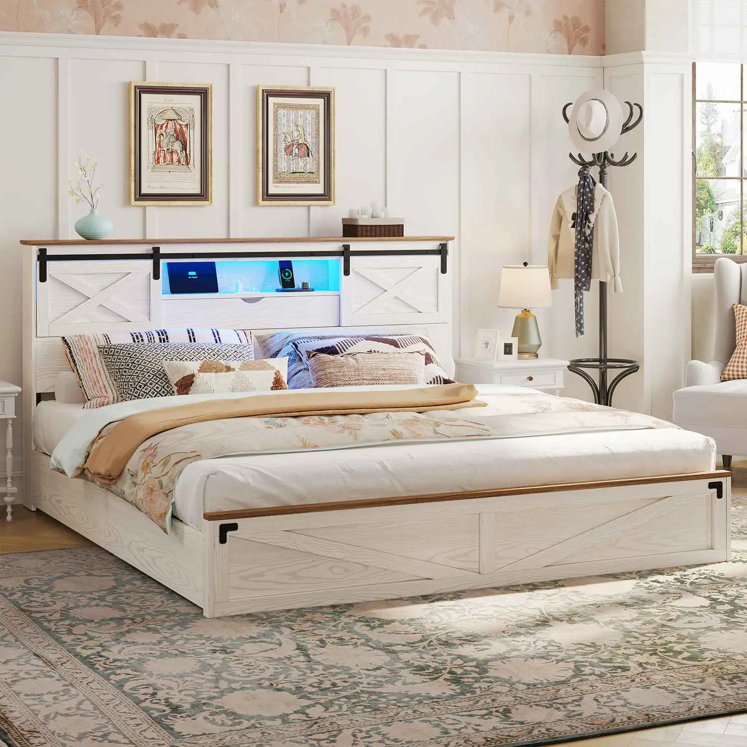 Sikaic California King Bed Frame with Storage Headboard, LED Lights and USB Charging Port, White Farmhouse Platform Bed