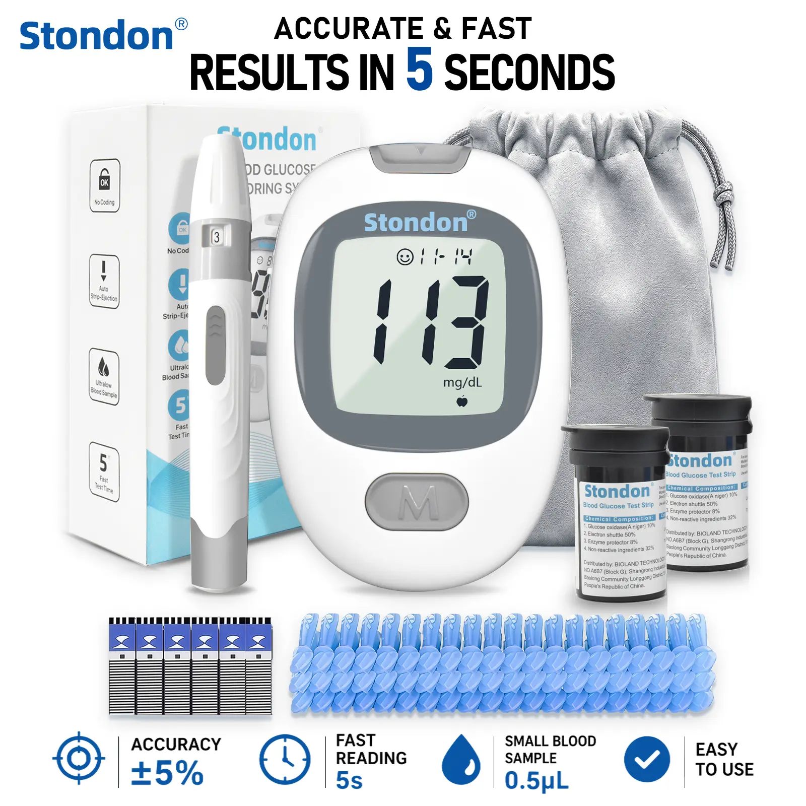 Stondon Blood Glucose Monitor Kit for Accurate Test, Diabetes Testing Kit with 100/50 Glucometer Strips, 100/50 Lancets 1 Glucometer and Lancing Devices, Portable Sugar Test Kit, No Coding DealsForYouDays  Summer Wins summeressentials
