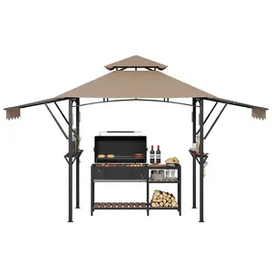 2-Tier Grill Gazebo Canopy, 8×5 Feet Sturdy Steel Frame BBQ Shelter, Features Adjustable Dual Side Awnings, Practical Shelves, Hanging Hooks, LED Lights & Ceiling Hook, Perfect for Backyard and Outdoor Garden Barbecue Use
