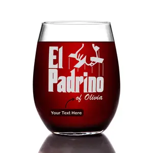 El Padrino Etched Stemless Wine Glass w/Your Personalized Text 15oz.