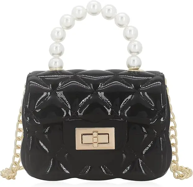 Women's Spring-Summer Mini Jelly Handbag, Cute Quilted Flap Design with Pearl Top Handle, Fashion Everyday Crossbody Bag (Handbags for Women)