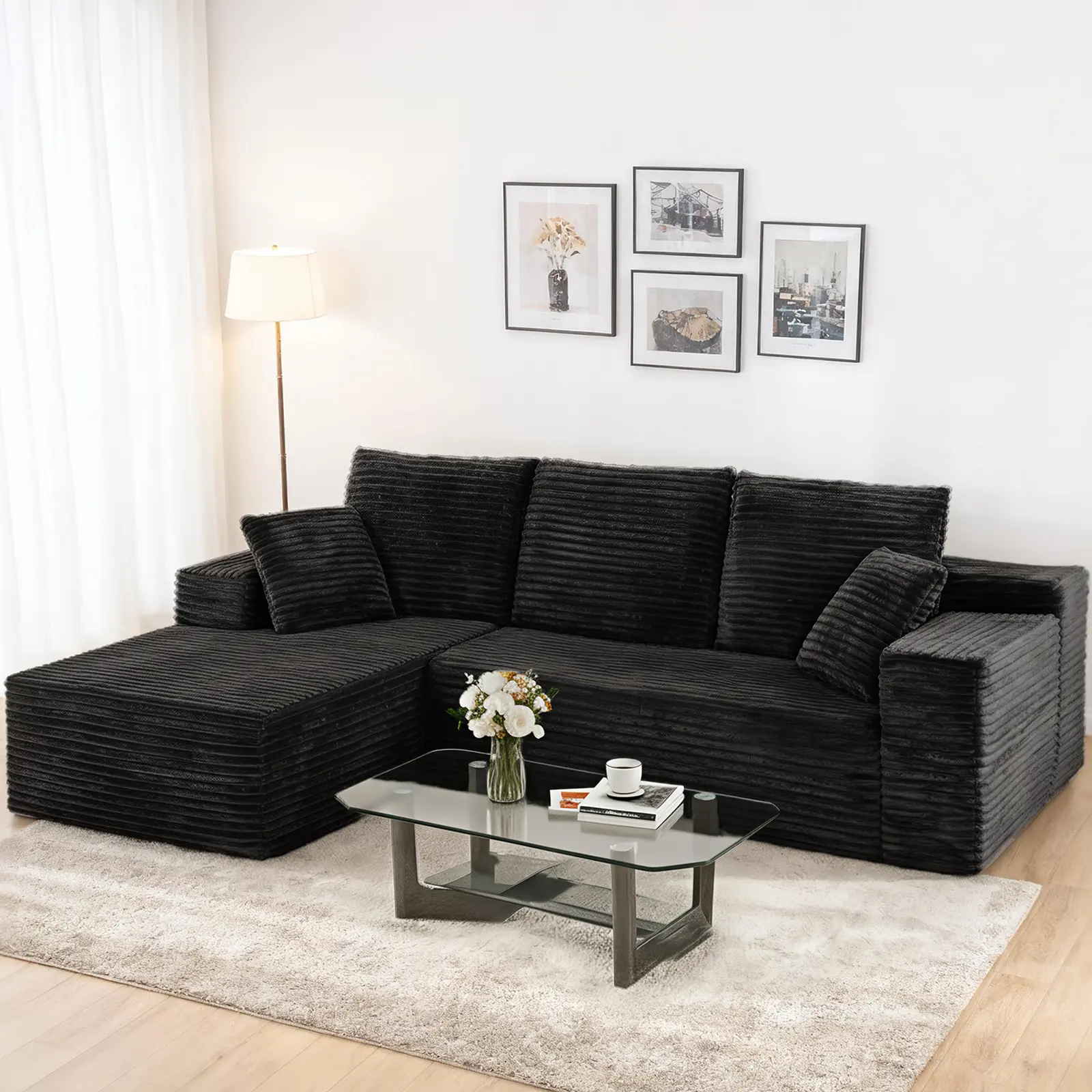 【Sub 1 packages】Niccae Modern Black Striped Corduroy L Shape Sectional Sofa, Vacuum Compressed Modular Floor Couch with Chaise Lounge for Living Room Apartment