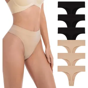 Womens Seamless No Show Thong Underwear, High Waisted G-String, Cotton Gusset, Breathable Stretch, 6 Pack