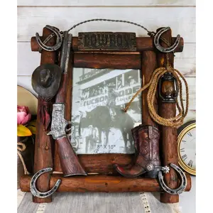 Rustic Western Cowboy Hat Rifle Boot Spur Horseshoes Lasso Ropes Picture Frame