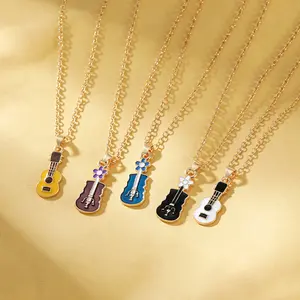 Mixed Color Retro Music Note Music Guitar Instrument Alloy Pendant Necklace Jewelry Accessories