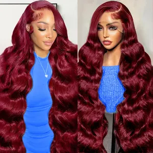 30 Inch 99j Burgundy Lace Front Wigs Human Hair 13x4 HD Burgundy Wig Human Hair 180% Density Body Wave Pre Plucked With Baby Hair Frontal Wigs 12A Wine Red Glueless Wig