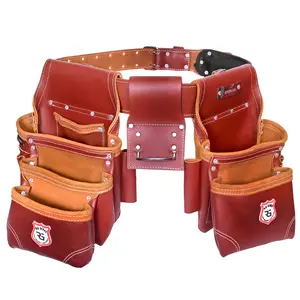 Rig Gears Professional 11 Pockets Leather Tool Pouch Bags Heavy-Duty Drywall Electrician Framing Tool Belt Pouches in Maroon Detachable Tool Bag