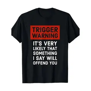 100% Cotton Summer T Shirts Mens Casual Cotton T Shirt Trigger Warning Humorous Print Round Neck Loose Fit Machine Washable Plus Size Black -1 T-Shirt For Men and Women