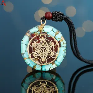 Turquoise Metatron's Cube Necklace, Orgonite Energy Pendant with Natural Stone Inlay, Sacred Geometry Spiritual Jewelry for Meditation, Healing, Protection