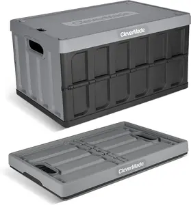 Collapsible Storage Bins with Lids, 62L – Heavy Duty Foldable Plastic Storage Crates for Garage, Closet & Trunk Organization - Stone