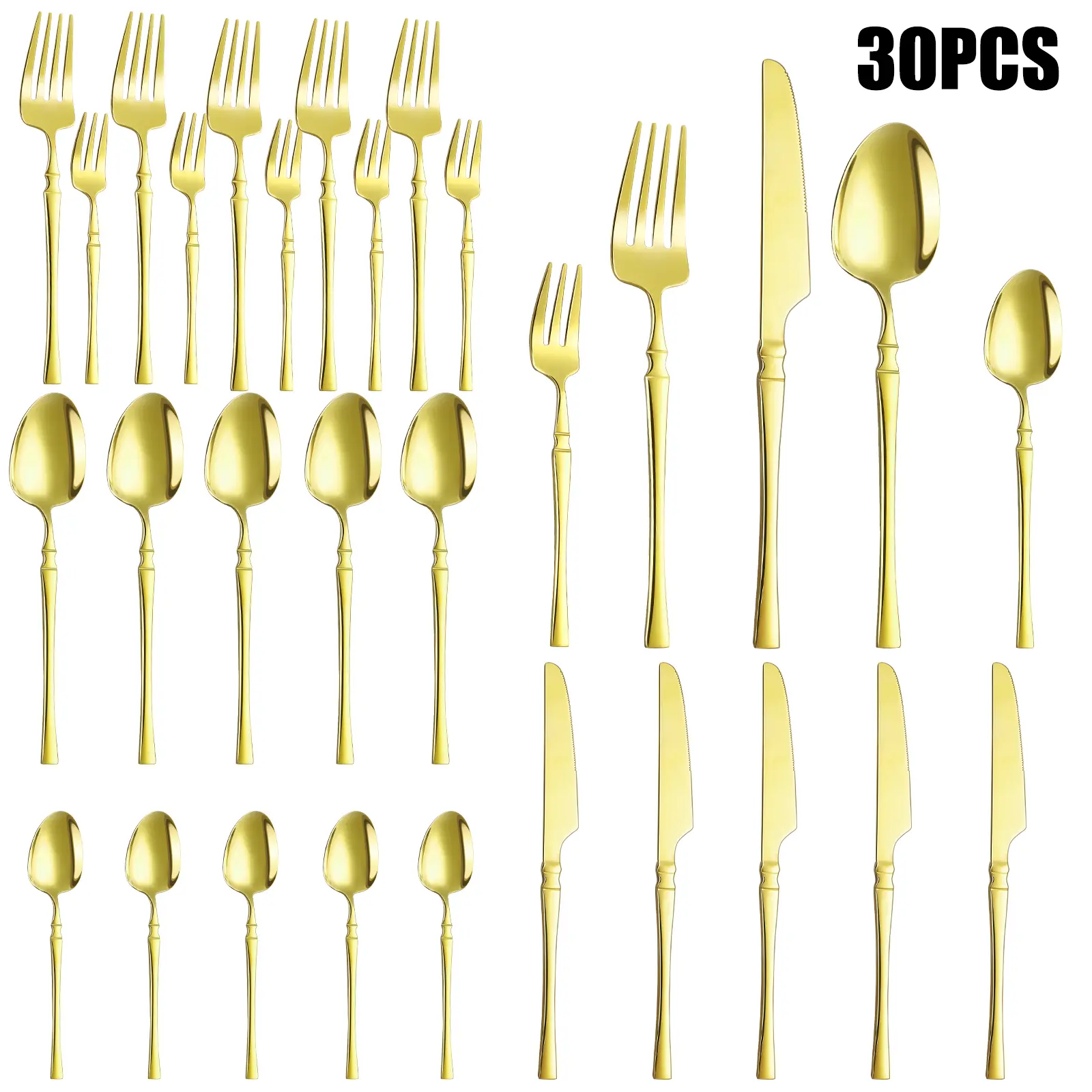 30-Piece Gold Bamboo Flatware Set, Stainless Steel Cutlery Fork Spoon Knife