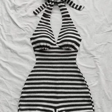 Women's Striped Halter Tie Back Adjustable Romper, Self Tie Romper, Stretch Knitting Romper, Perfect for Vacation, Beach, Dates, Parties, Festive, Stylish, Chic, Elegant and Comfortable One-Piece Romper