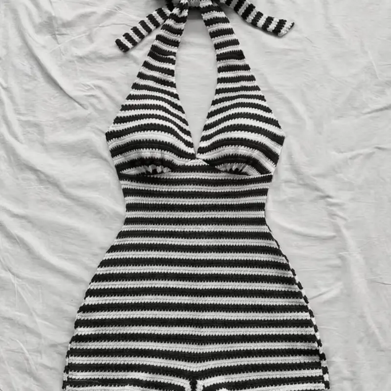 Women's Striped Halter Tie Back Adjustable Romper, Self Tie Romper, Stretch Knitting Romper, Perfect for Vacation, Beach, Dates, Parties, Festive, Stylish, Chic, Elegant and Comfortable One-Piece Romper