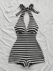 Women's Striped Halter Tie Back Jumpsuit, Perfect for Vacation Beach Dates Parties Festive, Stylish and Comfortable One-Piece Dress, Tie Front Jumpsuit