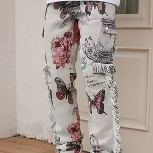 Men's casual jeans street style butterfly print denim straight leg pants fringe long pant,Men's Casual Floral Print Denim Jeans with Multi-Pocket Design - Cotton,  Loose Fit, Digital Print long pant butterfly pattern cute pant