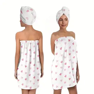 Women's 2-Piece Bathrobe and Hair Cap Set, Cute Microfiber Quick-Dry Spa Wrap, Absorbent Towel Wrap, Reusable and Wearable