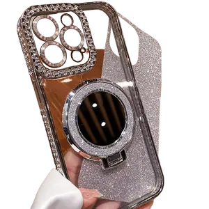 Pink Rhinestone Bling Case with Mirror Stand & Tempered Glass for iPhone 12 13 14 15 16 Pro Max – Luxury Apple Cover Gradient Glitter Magnetic Phone Bracket Holder Smartphone Casing Cellphone