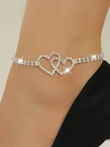 Women's Rhinestone Anklet Jewelry Set, Trendy Heart Design Footwear Accessory, Perfect Gift for Women & Girls, Love, Trendy Jewellery Accessories