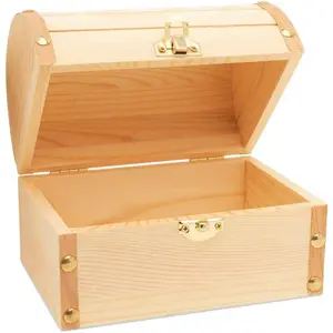 6 inch Wooden Treasure Chest Box, Wooden Box with Hinged Lid, Wooden Boxes for Crafts/Wedding Treasure Decor