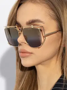 Metal Hollow Out Irregular Sunglasses, Trendy Leopard Pattern, Casual Vintage Style, Uv400 Protection, All Seasons