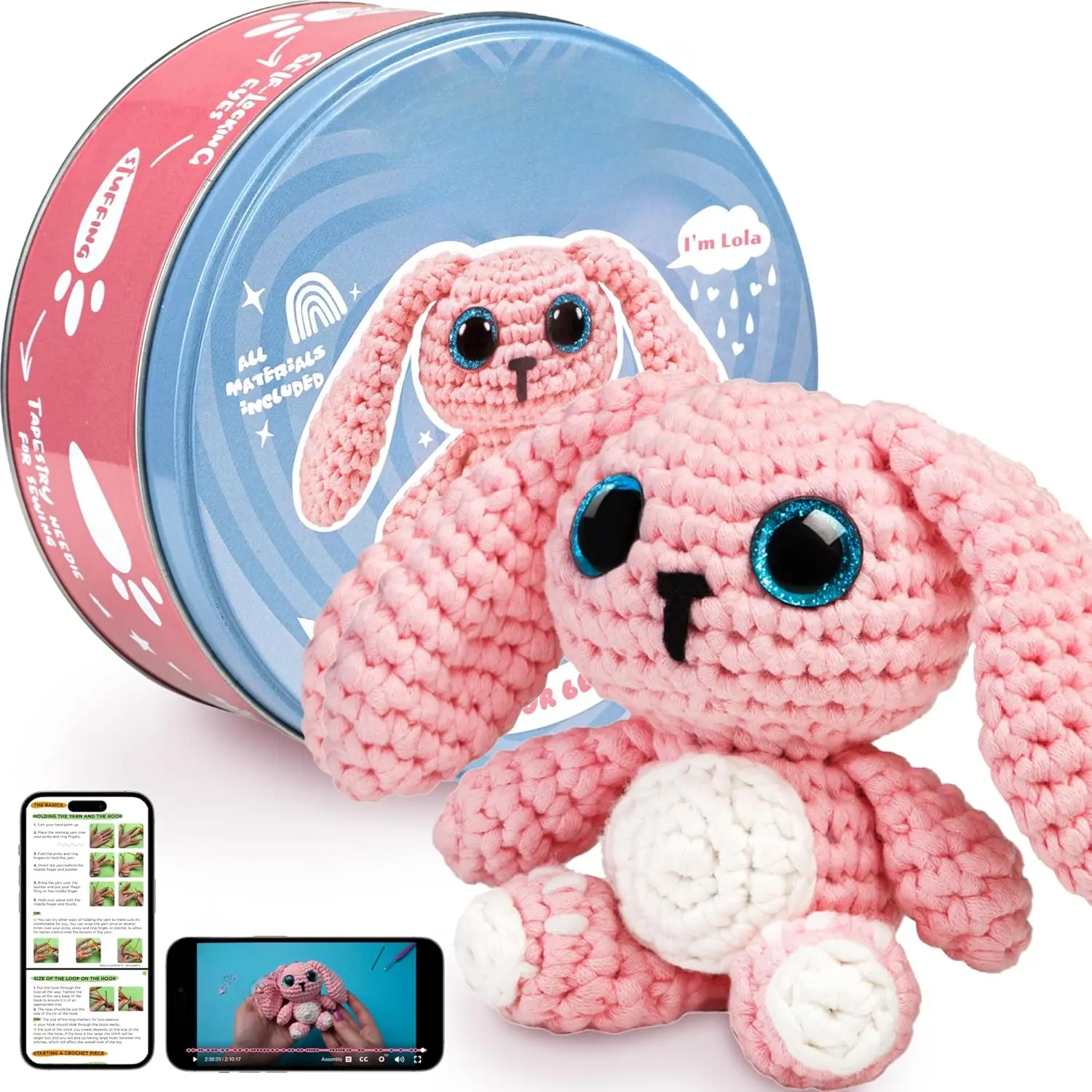 Crochet Kit for Beginners - Learn to Craft Amigurumi Stuffed  - Knitting  for  and Adults - Beginner-Friendly Yarn - Stitch-by-Stitch Video Tutorial - Bunny Lola