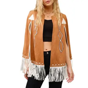 Fringe Detail Open Cape Jacket - Camel