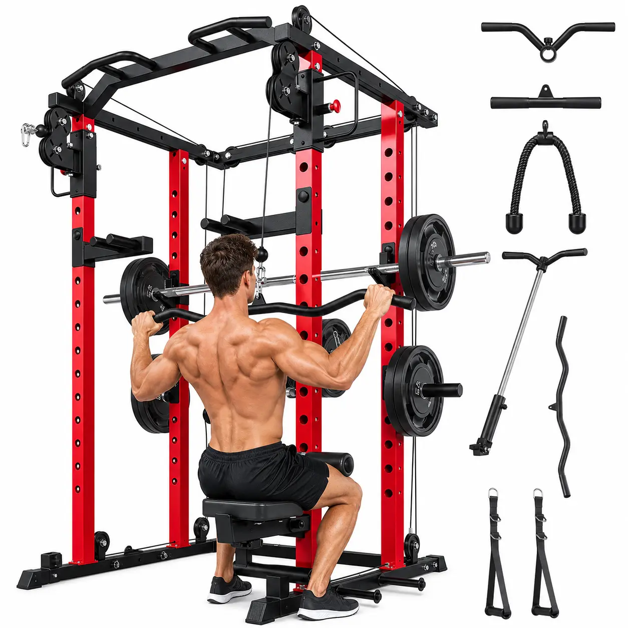Bezliving All-in-1 Strength Training Power Rack - 2000 lbs Squat & Bench Press Rack with LAT Pulldown, Dual Pulley System & Cable Crossover for Home Gym