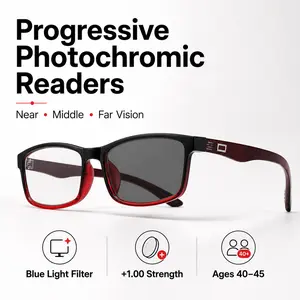 Blue Light Photochromic Progressive Readers +1.00 for Ages 40-45, Business Casual Square Eyeglasses, Elegant Black Red Square Frame for Work Phone Computer Daily Use