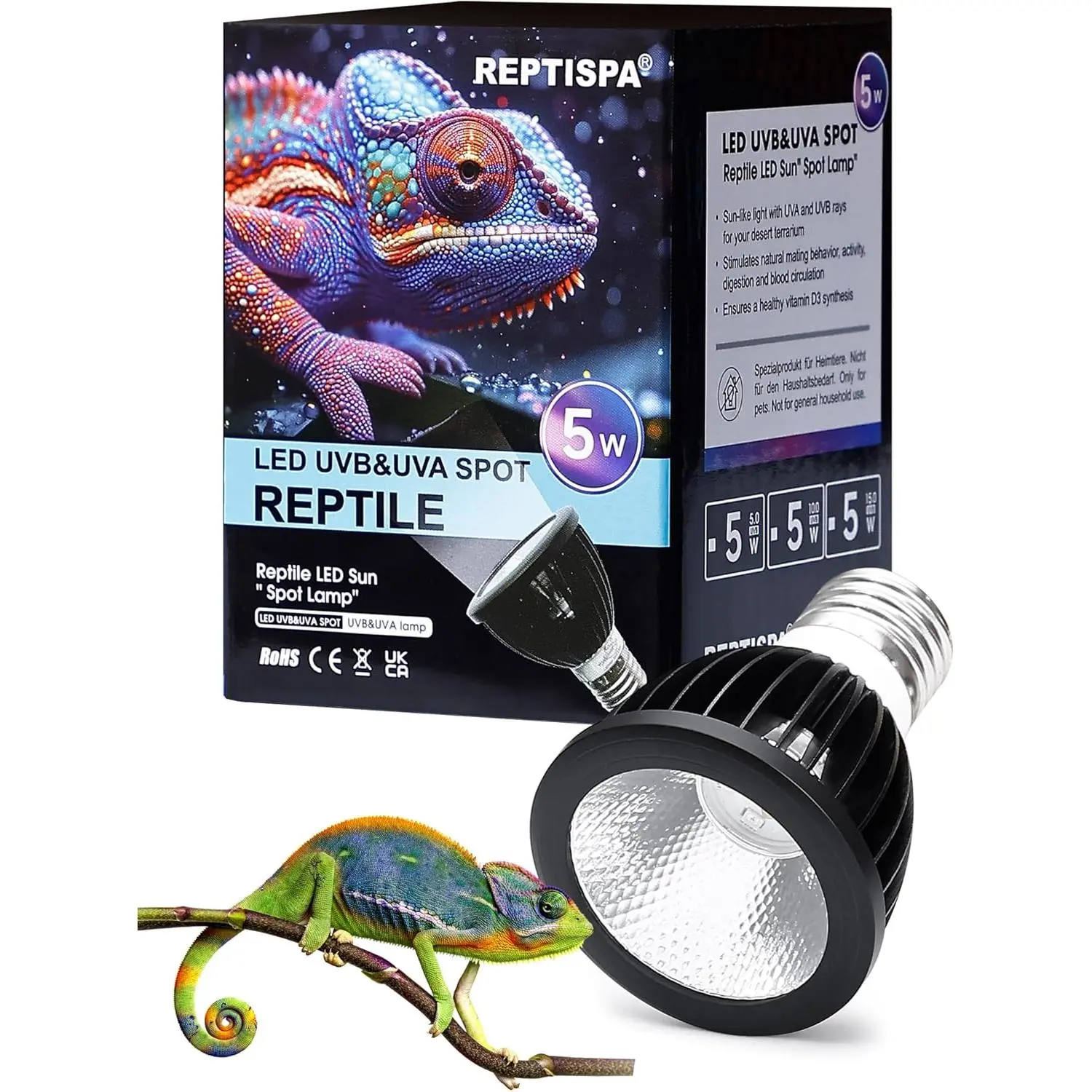5W LED UVB-UVA Reptile Lamp with 10.0 UVB Output, Full Spectrum Low Power Light for Bearded Dragons, Supports Healthy Bones & Vitamin Synthesis