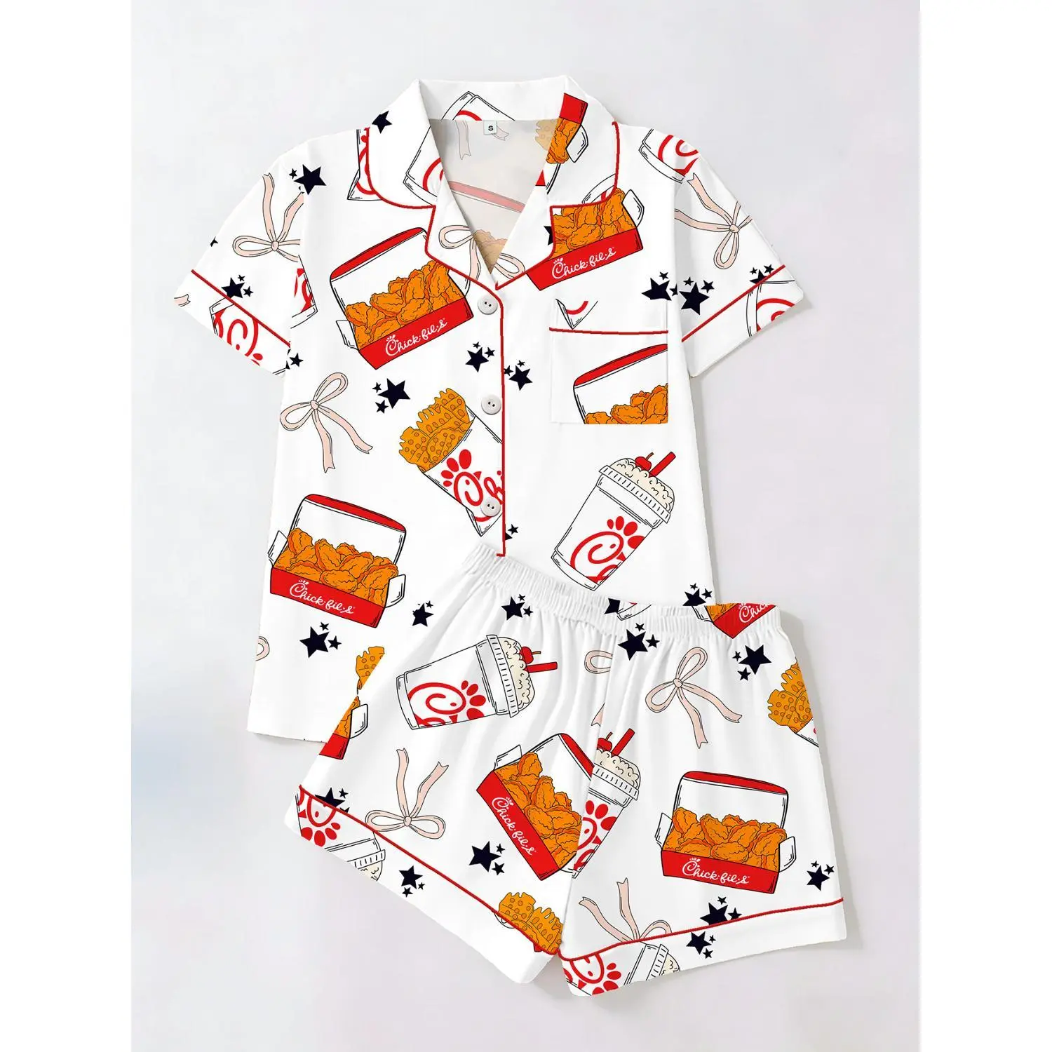 2pcs Teen Loungewear Set, Spring Summer Short Sleeve Button Lapel Collar Top & Shorts, White Fried Chicken Fries Milkshake Bow Print, Cute Sweet Casual Style, Wearable Indoors & Outdoors
