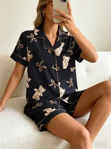 Women's Short Sleeve Button Down Top and Shorts Pajama Set, Loungewear Sleepwear Set, Spring Summer Wear, Navy Stripe Teddy Bear Print, Classic Lapel Collar, Loose Fit, Comfortable For WFH & Errands Nightwear