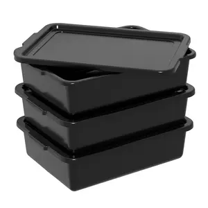 13 L Commercial Bus Tubs with , Plastic Bus Tub Tote Bin with Lid for Restaurant, Black, 3 Packs