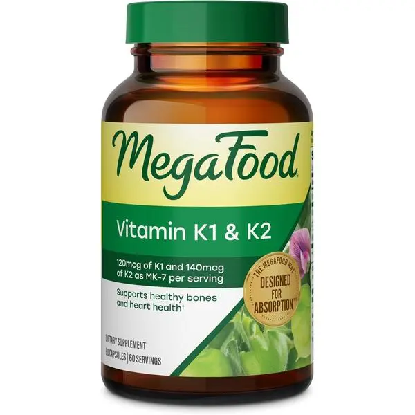 MegaFood Vitamin K1 & K2 - Vitamin K2 MK7 from Fermented Chickpeas, Works with Calcium in Your Body to Support Healthy Bones, Supports Heart Health, Vegan - 60 Capsules, 60 Servings