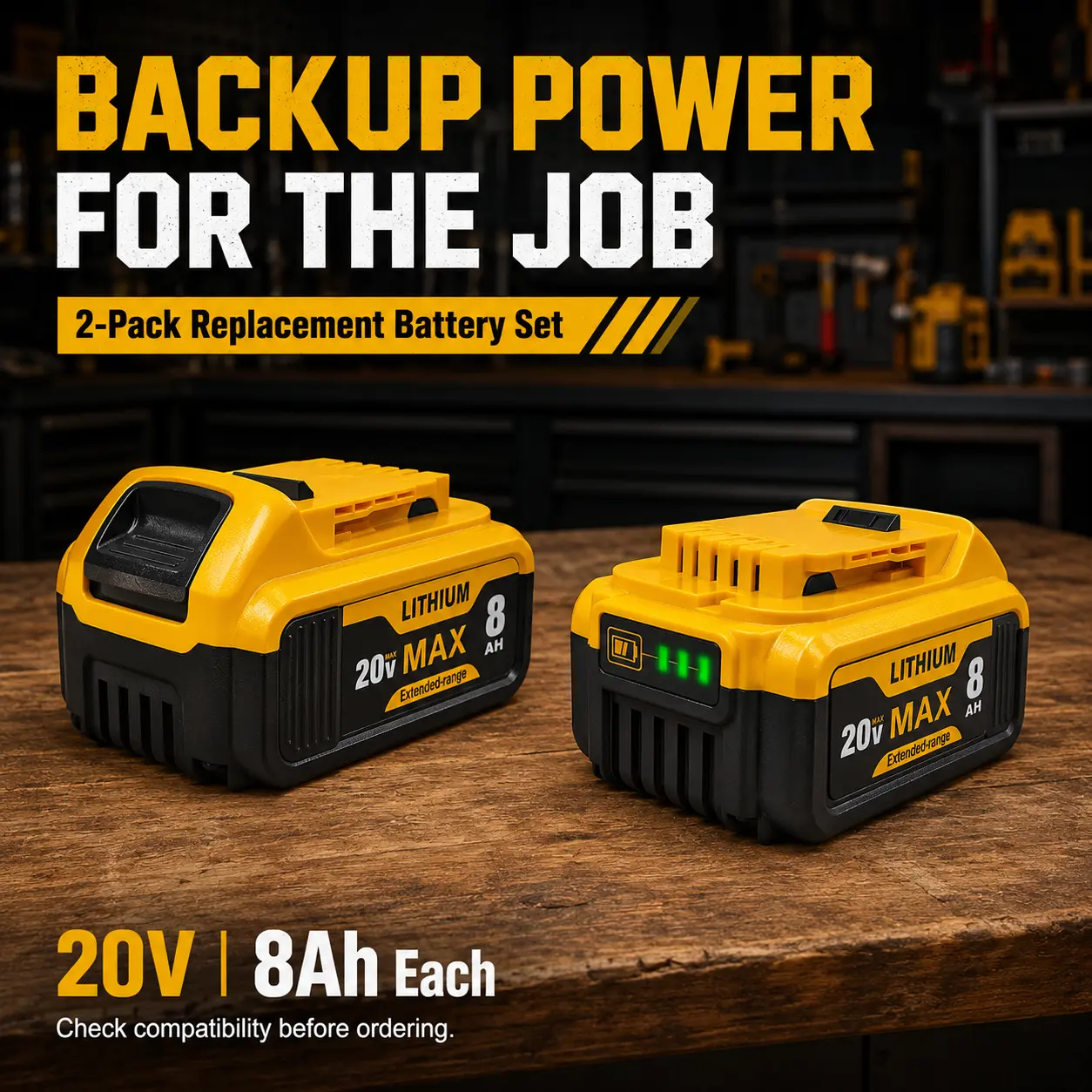 20V 8.0Ah Lithium-Ion Power Tool Replacement Battery 2-Pack, 160Wh Each, Rear Power Indicator, Slide-On Interface for Selected Cordless Tools EGO Compatible High Capacity Universal Waterproof Remote Car Kill Switch Color-Coded Propane Tank Gauge, Recharge