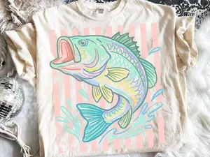 Retro Bass Fish, Pastel Fishing Graphic, Preppy Coastal Lake, Summer Fishing Shirt, Sublimation