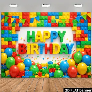 2D Flat Banner, 1pc Birthday Party Backdrop Wall with Building Block-Style Framing, Featuring Embedded "HAPPY BIRTHDAY" Three-Dimensional Letters and a Cluster of Balloons at the Bottom. Vibrant Colors and a Livel