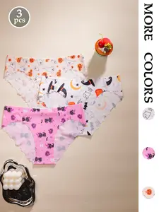 3-Piece Halloween Theme Women's Underwear Set, Ghost Pumpkin Witch Hat Print, High Stretch Fit, Natural Waist, Perfect for Holidays & Parties