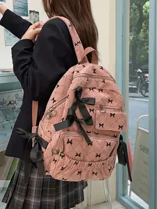 Autumn Winter New Korean Bowknot Sweet Cute School Bag, Large Capacity Backpack for College Students, Junior High & Senior High School, Casual Printed Backpack