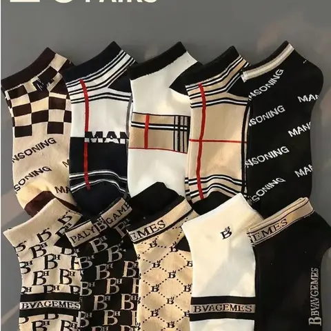 10 pairs of men's ankle socks for spring and summer, Polyester Fibers Socks, breathable and sweat-absorbent, stylish, Casual and versatile low-cut no-show socks, available in multiple designs with letters, Plaid and patterns.