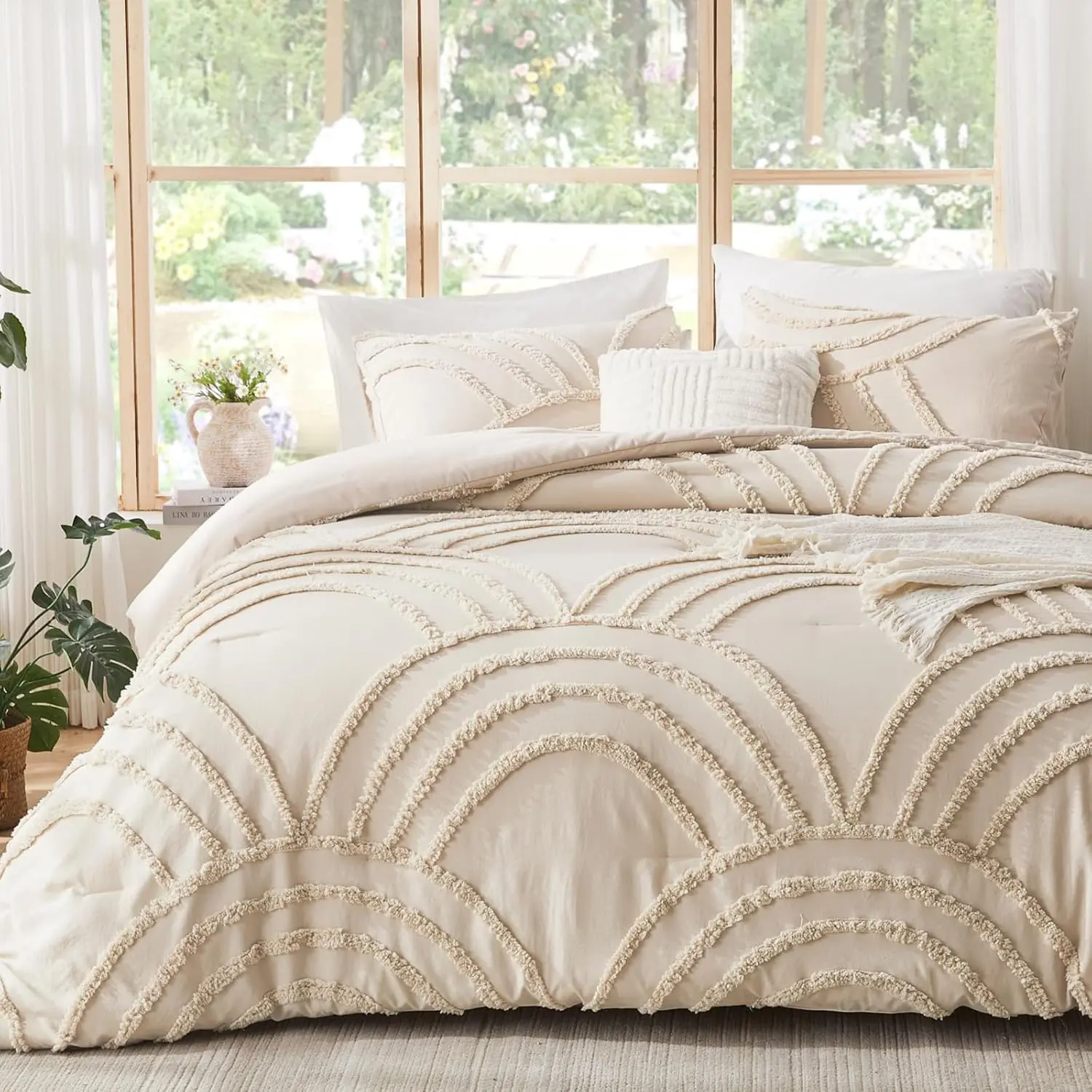 / XL Boho Comforter Set - Beige Tufted Bedding Comforter Sets, Boho Chic Decor, Fluffy Jacquard Rainbow Bedding for  Season, 2 count Lightweight Soft Farmhouse Bed Set