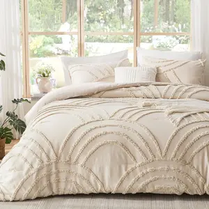 / XL Boho Comforter Set - Beige Tufted Bedding Comforter Sets, Boho Chic Decor, Fluffy Jacquard Rainbow Bedding for  Season, 2 count Lightweight Soft Farmhouse Bed Set