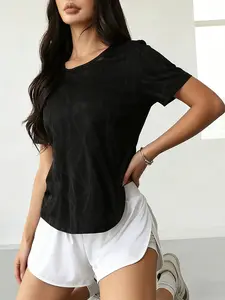 Women's Breathable Knitted Jacquard Half-Transparent Round Neck T-Shirt, Gym Workout Back Cross Stitch Mesh Design, Casual Sports Vest, Athletic Style Activewear, Breathable Workout Tops