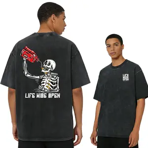 Unisex Vintage Washed Cotton T-Shirt - "Life Wide Open" Skeleton Fuel Can Graphic, Oversized Edgy Streetwear Casual Tee