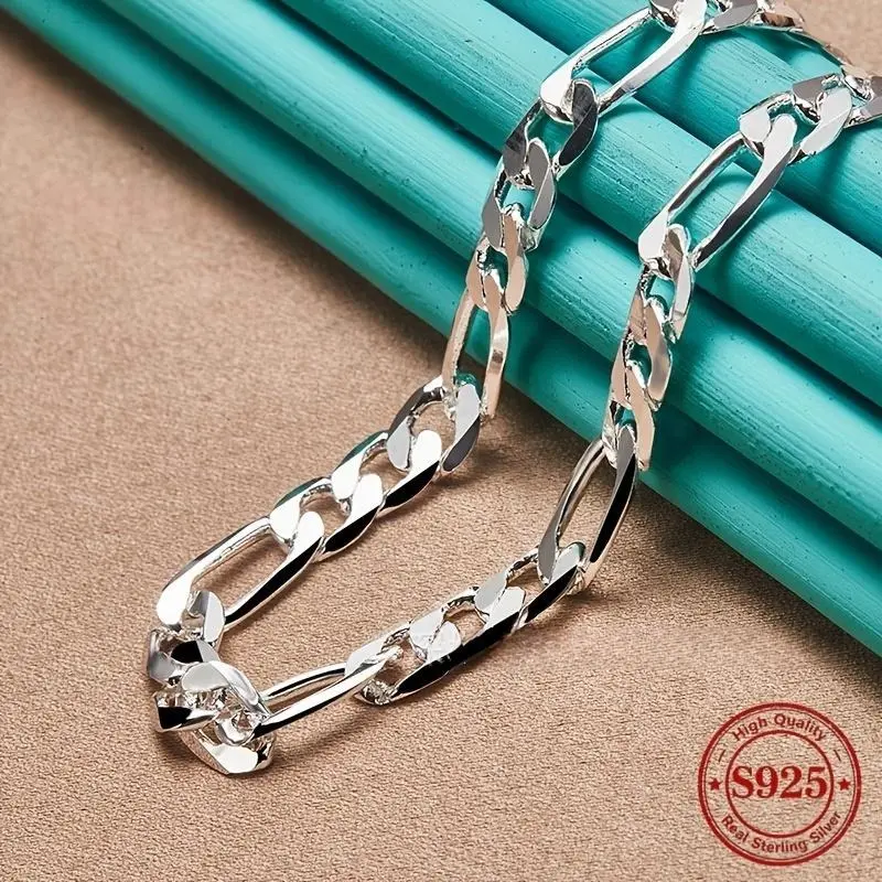 Unisex 925 Sterling Silver-Plated Elegant Necklaces - 8mm Geometric Cuban Chain & Figaro Link, 50cm Length, Adult Fashion Jewelry for Party, Wedding Gifts