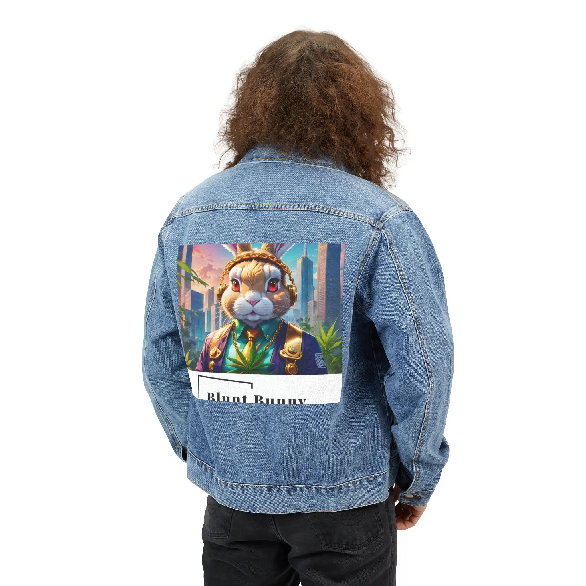 Denim Jacket, Funny Blunt Bunny Graphic Design, Rabbit Lover Gift, Hippie Style Outerwear, Vintage Men's Jean Coat, Sarcastic Animal Artwear